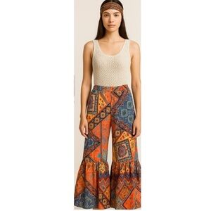 Umgee Mix Print Colorful Boho Wide Ruffle Leg Hippie Whimsical Pants Size L